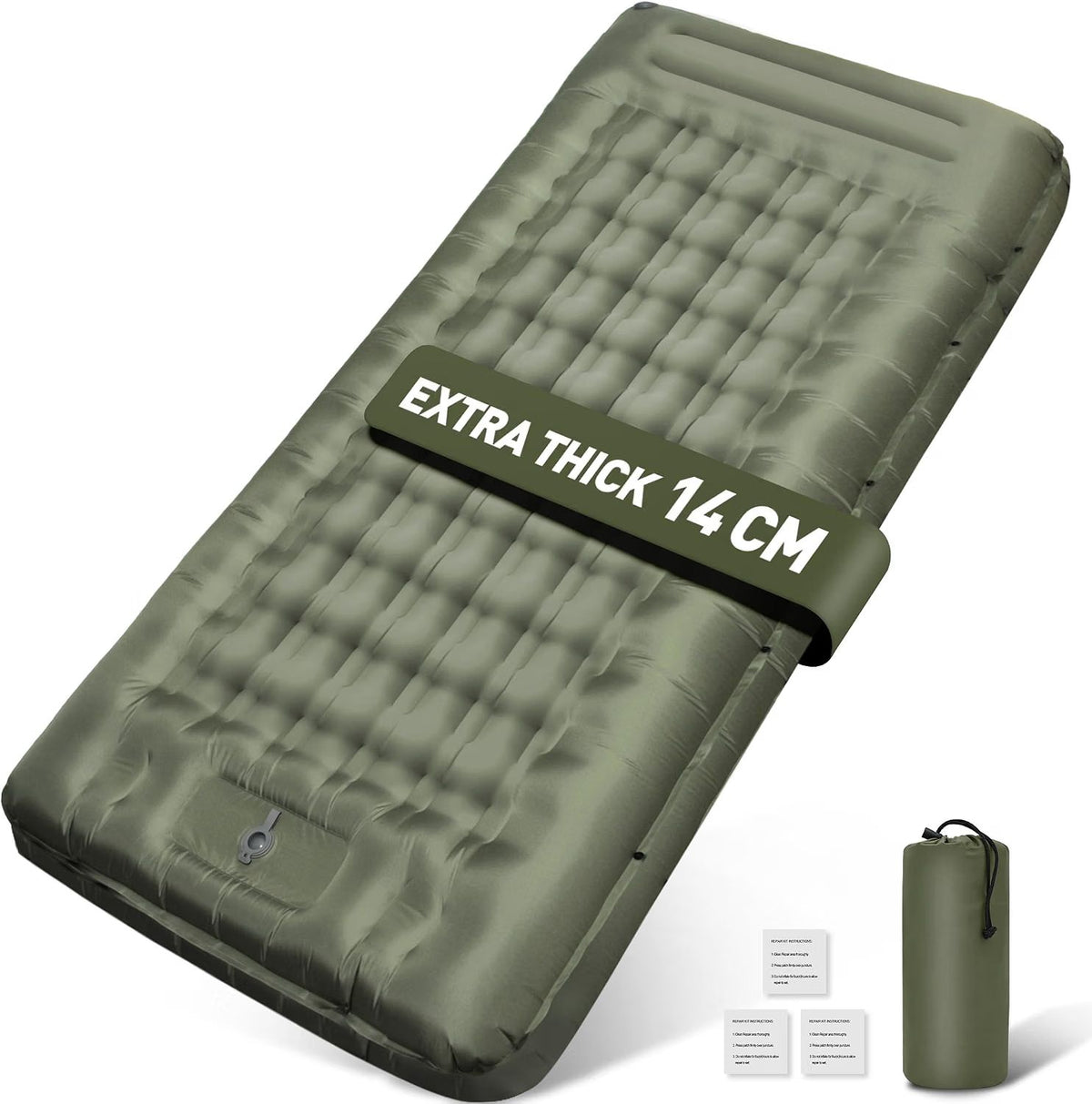 🏕️ Saltea Gonflabilă Camping 14 cm, Extra‑Lată, cu Pompă Integrată, Flaow