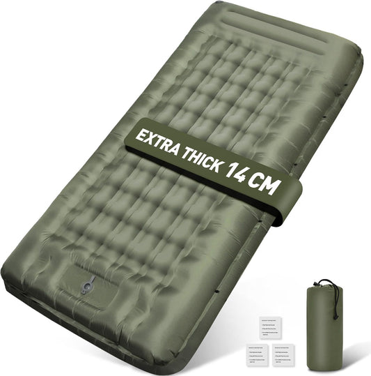 🏕️ Saltea Gonflabilă Camping 14 cm, Extra‑Lată, cu Pompă Integrată, Flaow