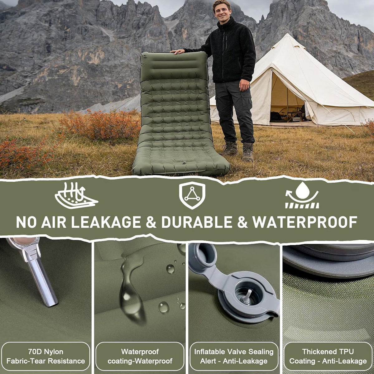 🏕️ Saltea Gonflabilă Camping 14 cm, Extra‑Lată, cu Pompă Integrată, Flaow