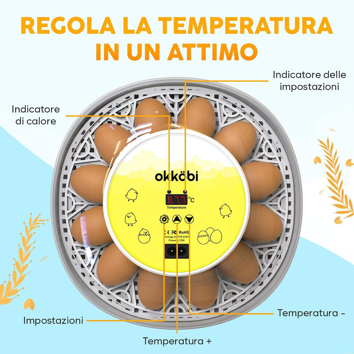 🐣 Incubator Automat OKKÖBI M12, 12 Ouă, Control Temperatură & Umiditate, 360° View