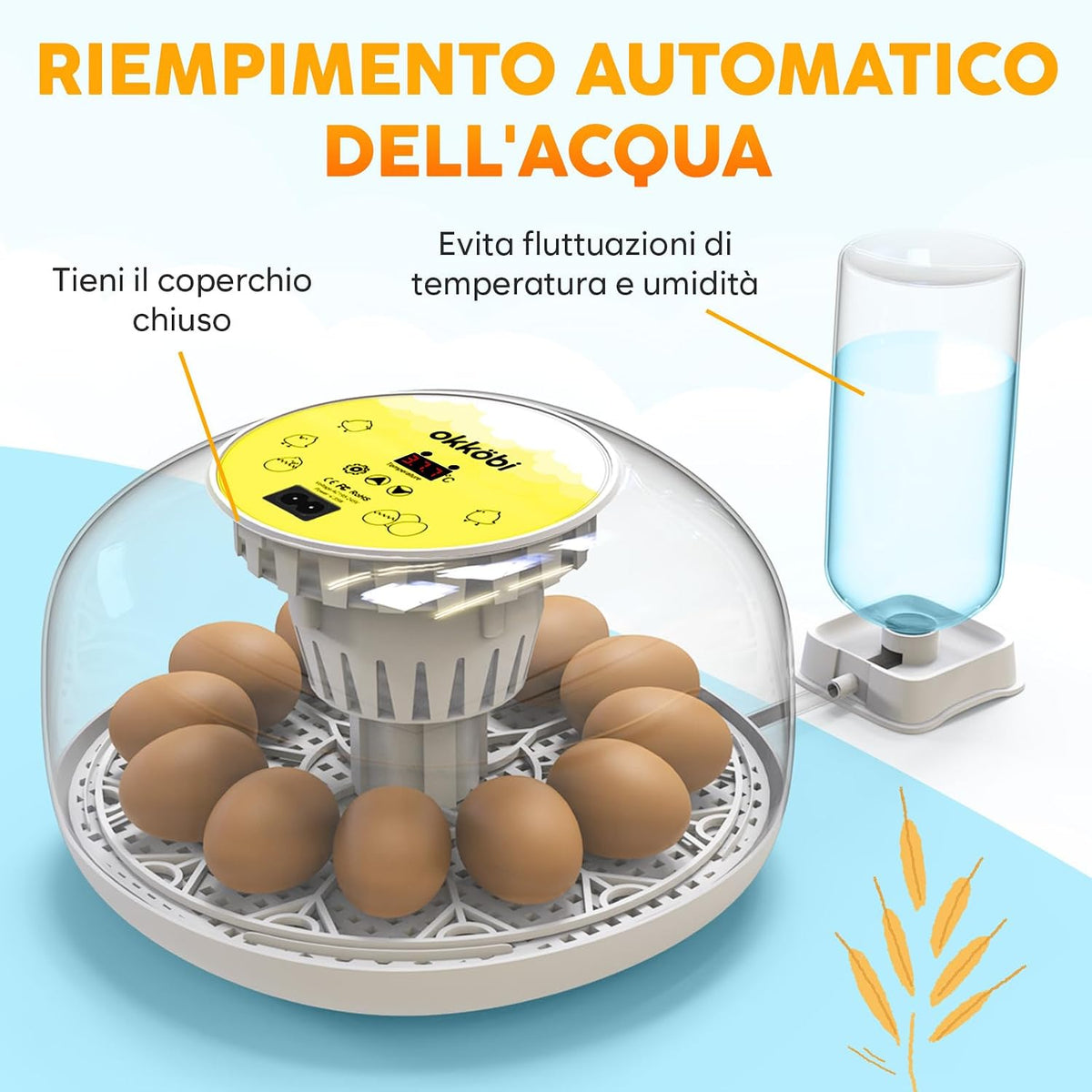 🐣 Incubator Automat OKKÖBI M12, 12 Ouă, Control Temperatură & Umiditate, 360° View