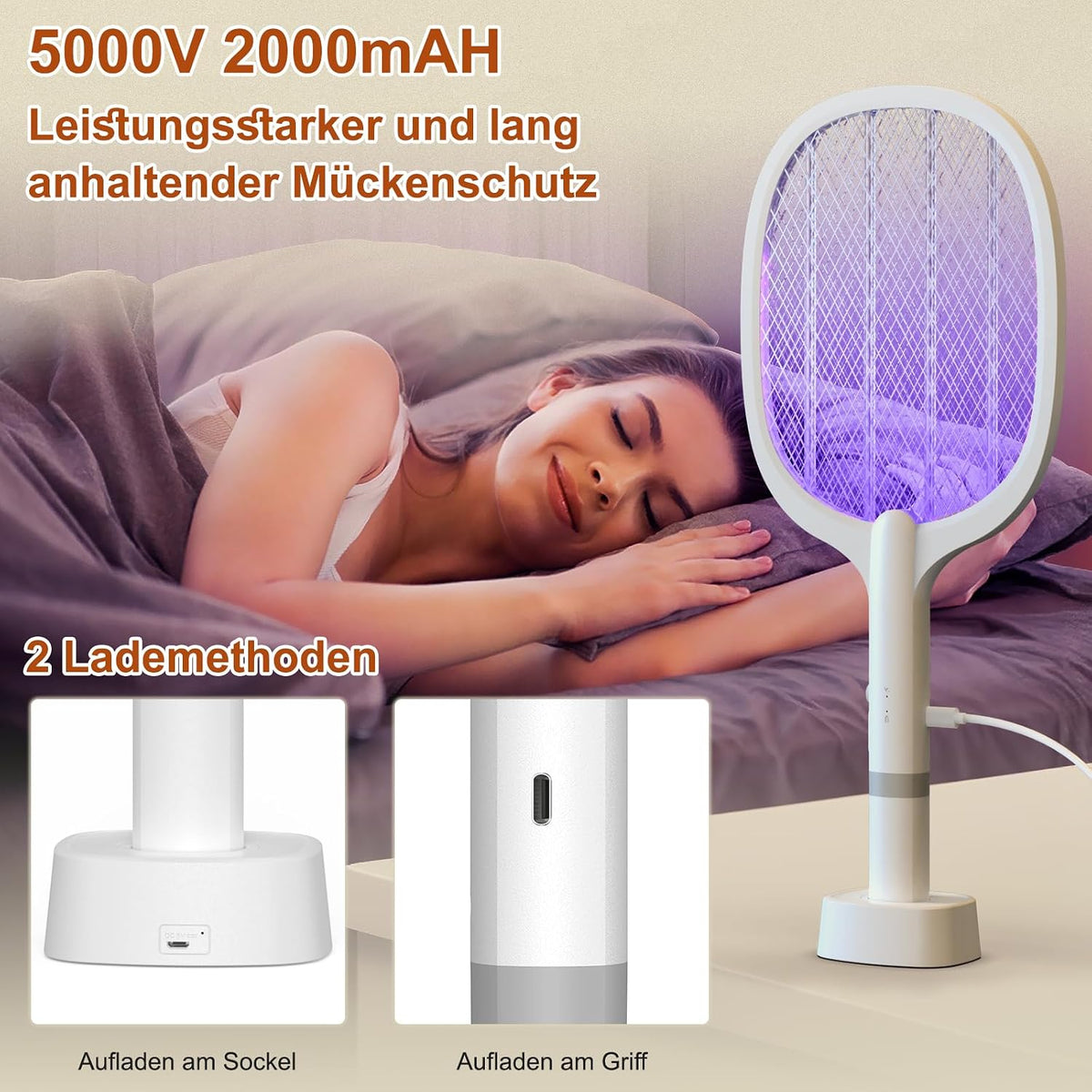 ⚡ Paletă Electrică Anti-Insecte YOUBST 5000V, 2‑în‑1 cu UV & Stație de Încărcare USB‑C