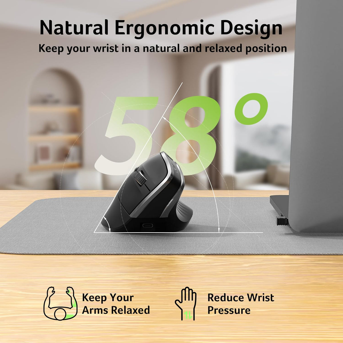 🖱️ Mouse Vertical Ergonomic Acer, Wireless 2.4GHz, Reîncărcabil, 58° Tilt, 800/1200/1600 DPI, 6 Butoane
