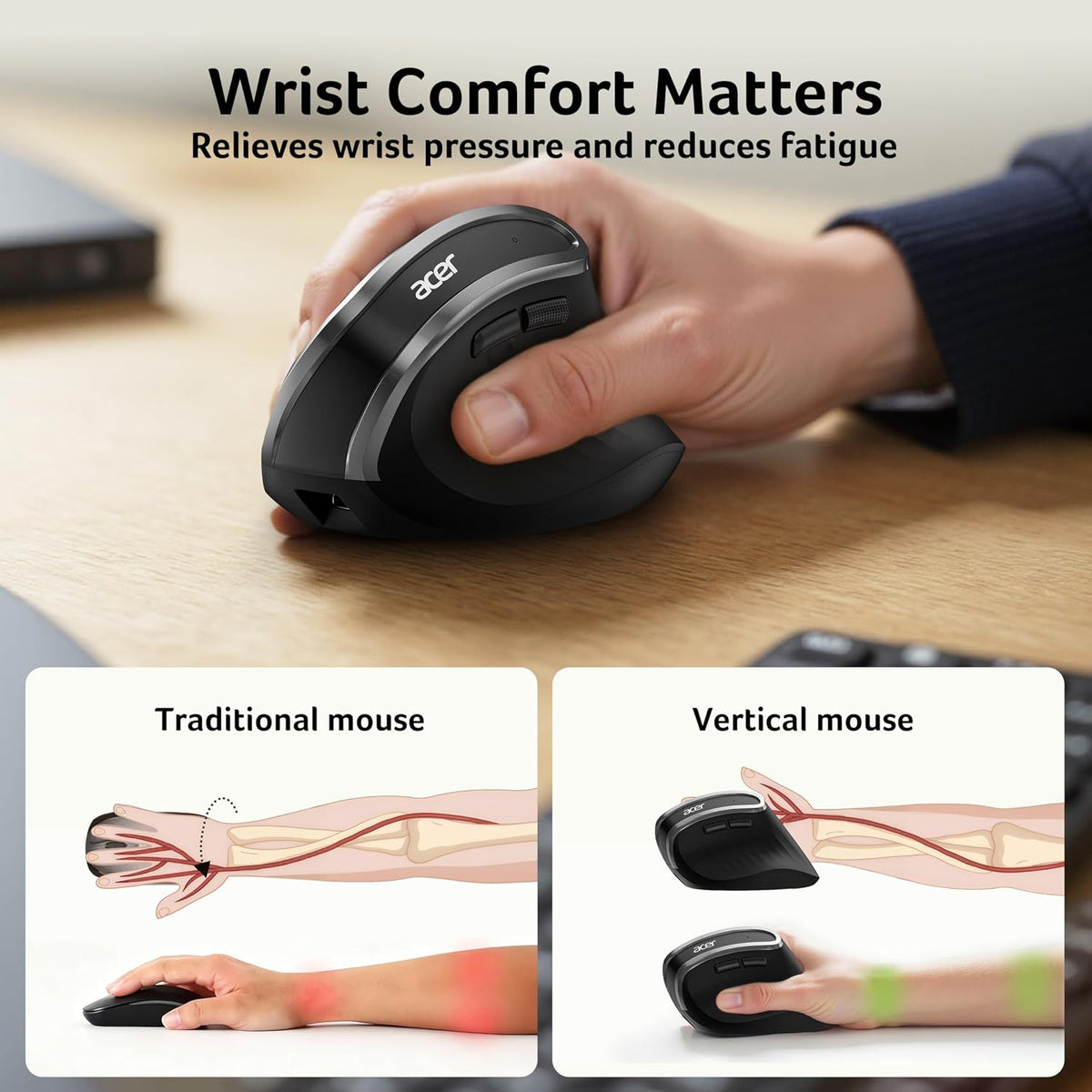 🖱️ Mouse Vertical Ergonomic Acer, Wireless 2.4GHz, Reîncărcabil, 58° Tilt, 800/1200/1600 DPI, 6 Butoane