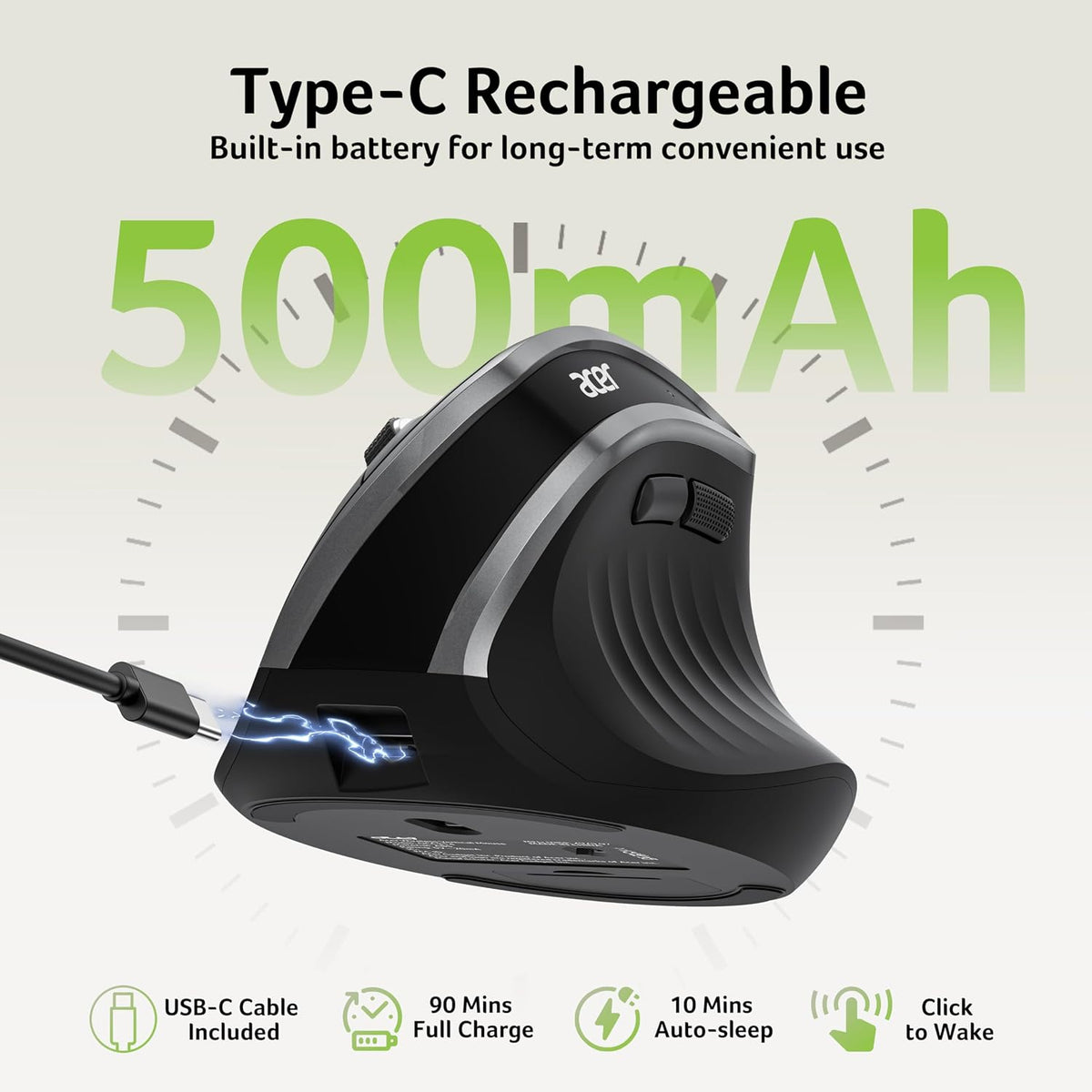🖱️ Mouse Vertical Ergonomic Acer, Wireless 2.4GHz, Reîncărcabil, 58° Tilt, 800/1200/1600 DPI, 6 Butoane