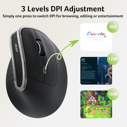 🖱️ Mouse Vertical Ergonomic Acer, Wireless 2.4GHz, Reîncărcabil, 58° Tilt, 800/1200/1600 DPI, 6 Butoane