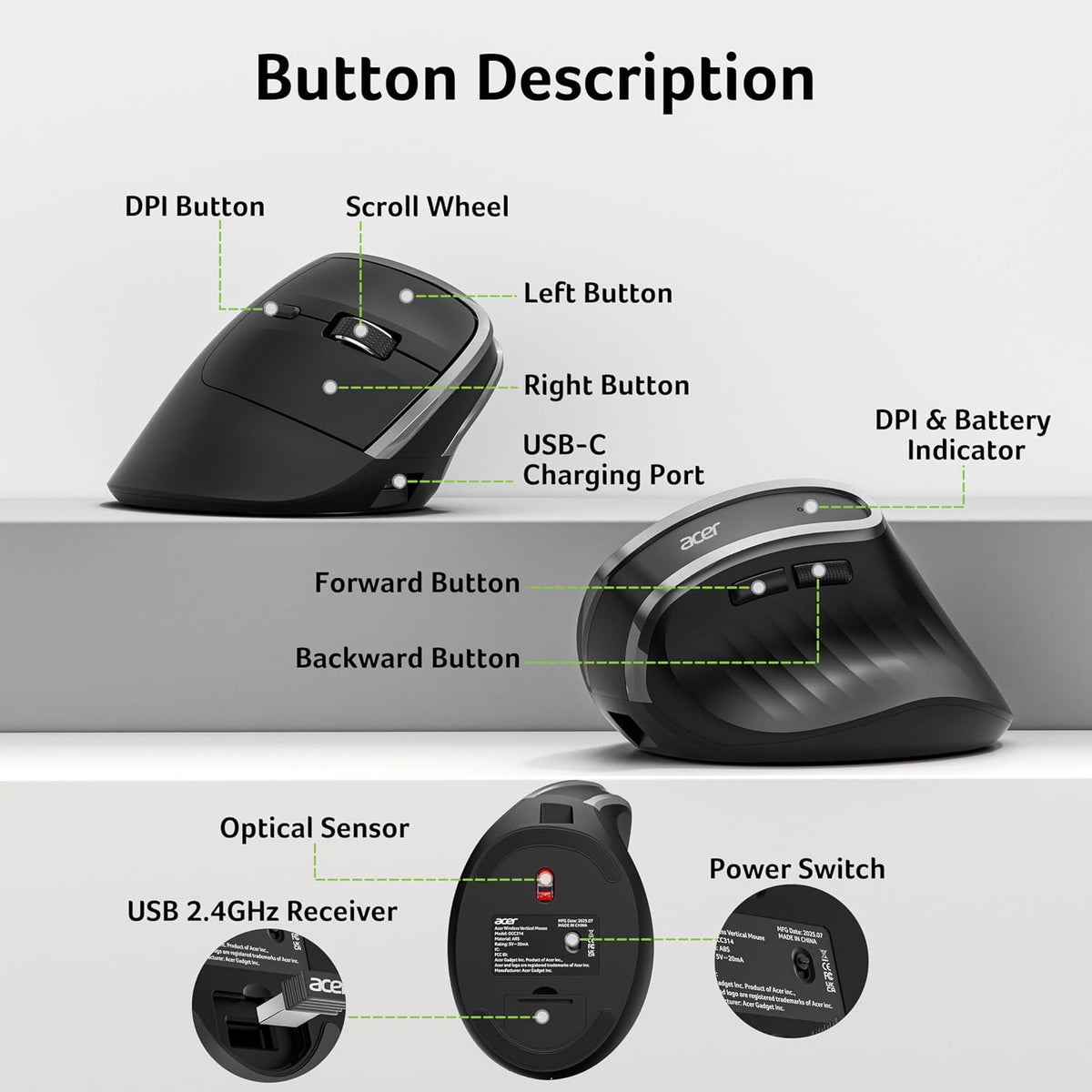 🖱️ Mouse Vertical Ergonomic Acer, Wireless 2.4GHz, Reîncărcabil, 58° Tilt, 800/1200/1600 DPI, 6 Butoane