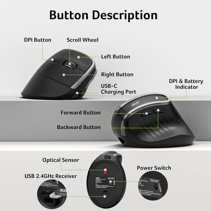 🖱️ Mouse Vertical Ergonomic Acer, Wireless 2.4GHz, Reîncărcabil, 58° Tilt, 800/1200/1600 DPI, 6 Butoane