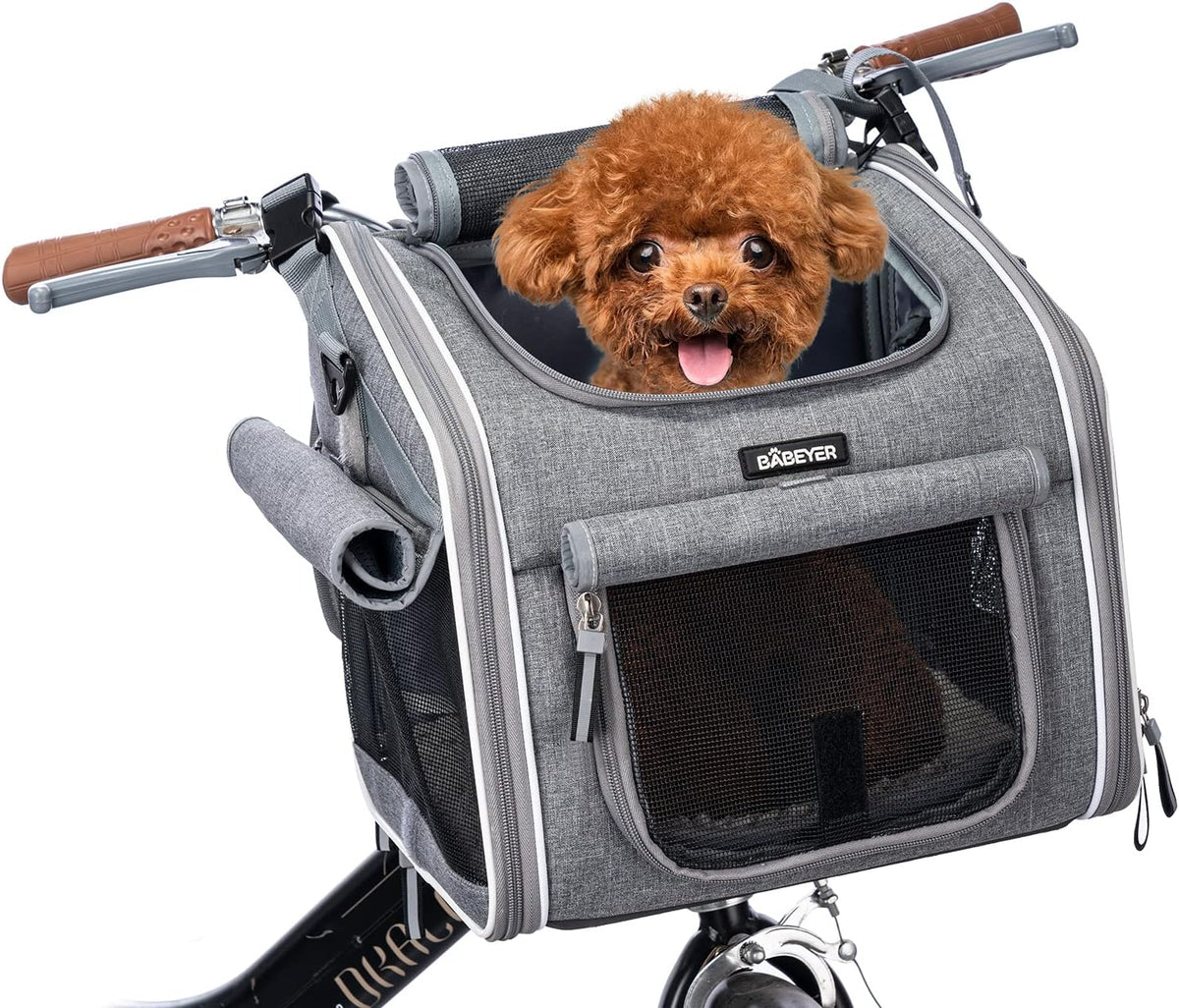 🐶 Coș Bicicletă & Rucsac Transport Câini BABEYER, Extensibil, 4 Uși, 4 Ferestre Plasă, Gri, 3–7 kg