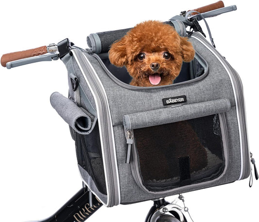 🐶 Coș Bicicletă & Rucsac Transport Câini BABEYER, Extensibil, 4 Uși, 4 Ferestre Plasă, Gri, 3–7 kg
