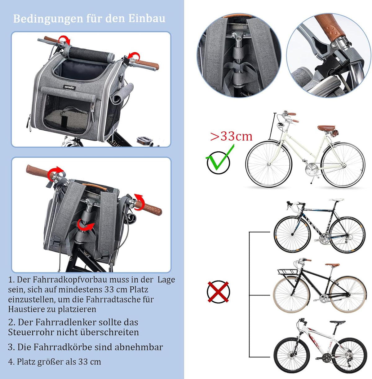 🐶 Coș Bicicletă & Rucsac Transport Câini BABEYER, Extensibil, 4 Uși, 4 Ferestre Plasă, Gri, 3–7 kg