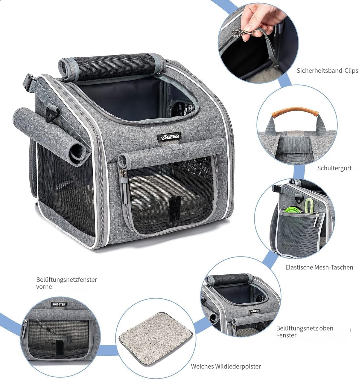 🐶 Coș Bicicletă & Rucsac Transport Câini BABEYER, Extensibil, 4 Uși, 4 Ferestre Plasă, Gri, 3–7 kg