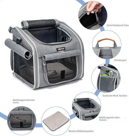 🐶 Coș Bicicletă & Rucsac Transport Câini BABEYER, Extensibil, 4 Uși, 4 Ferestre Plasă, Gri, 3–7 kg