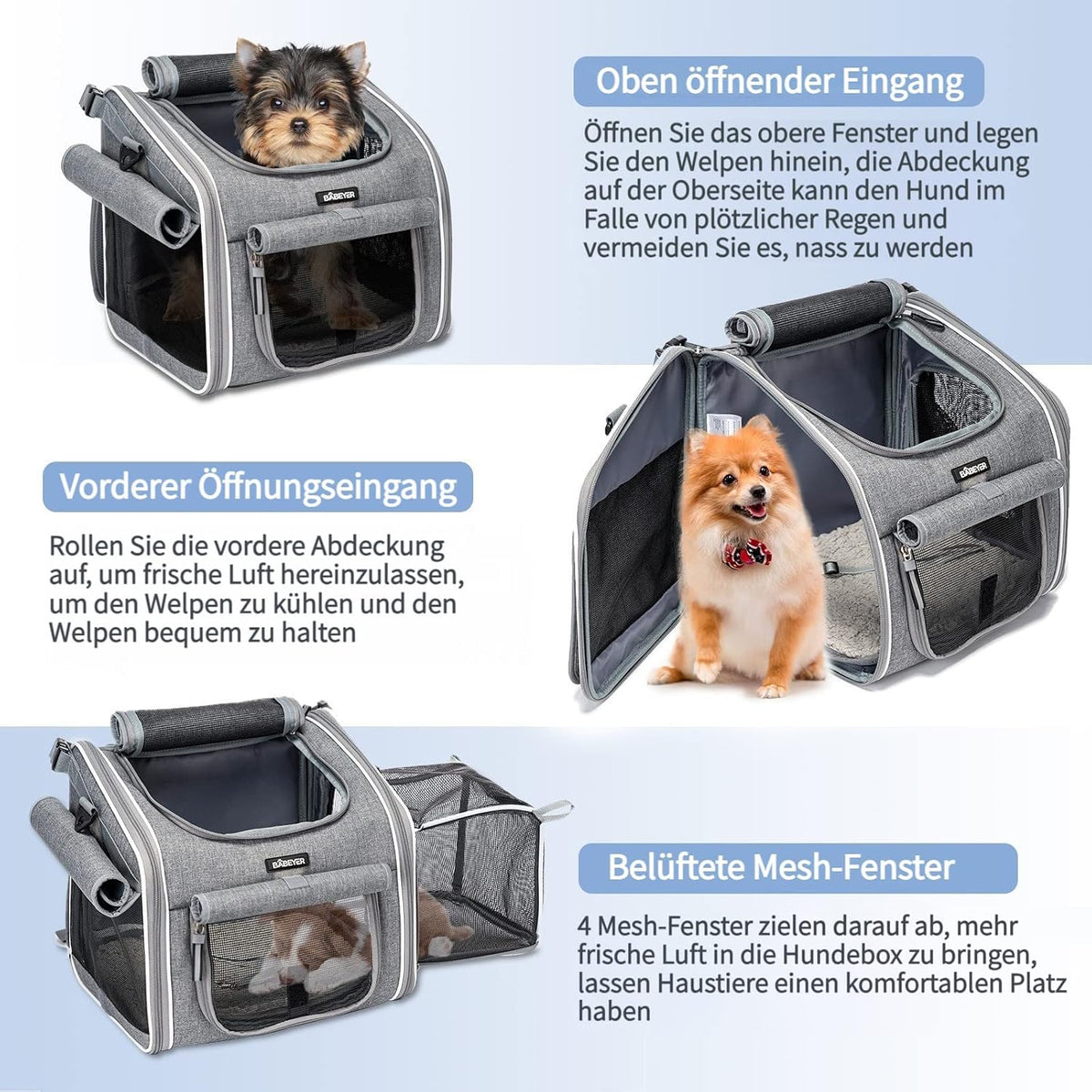 🐶 Coș Bicicletă & Rucsac Transport Câini BABEYER, Extensibil, 4 Uși, 4 Ferestre Plasă, Gri, 3–7 kg