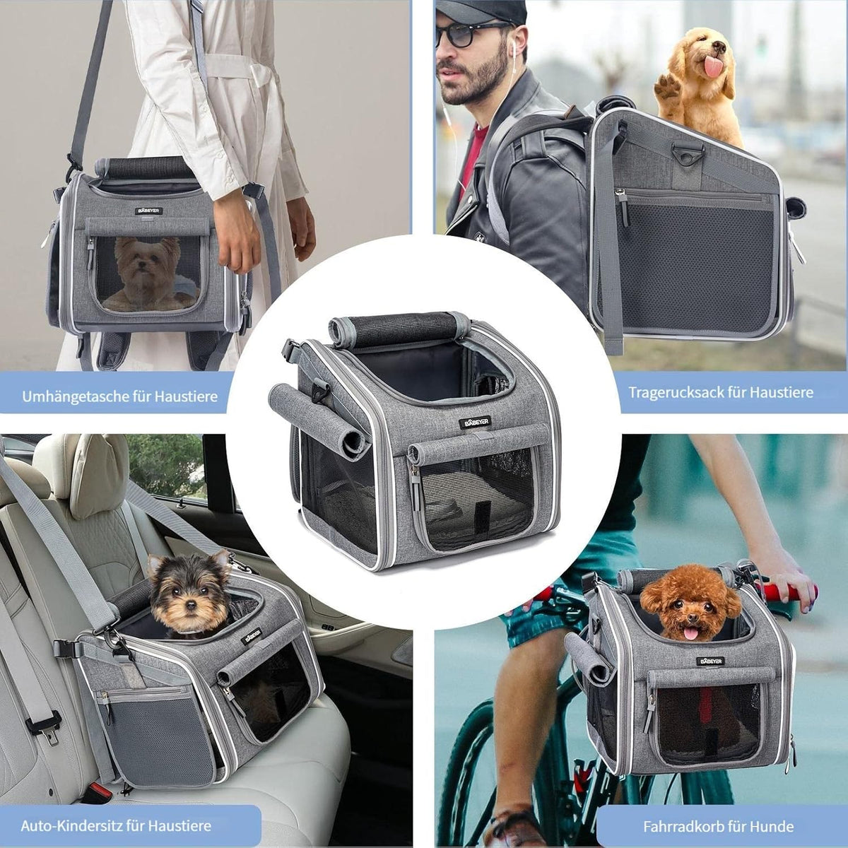 🐶 Coș Bicicletă & Rucsac Transport Câini BABEYER, Extensibil, 4 Uși, 4 Ferestre Plasă, Gri, 3–7 kg