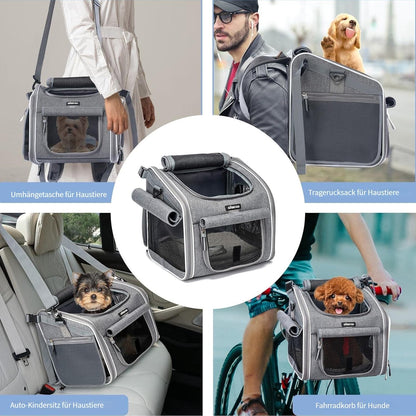 🐶 Coș Bicicletă & Rucsac Transport Câini BABEYER, Extensibil, 4 Uși, 4 Ferestre Plasă, Gri, 3–7 kg