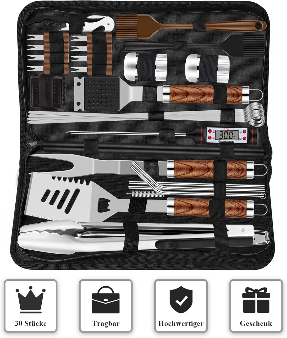 🍖 Set Ustensile BBQ Grilliance 30 piese, Oțel Inoxida0bil, Heavy‑Duty, Geantă Transport, Covoraș Grill, Cadou Ideal pentru Bărbați