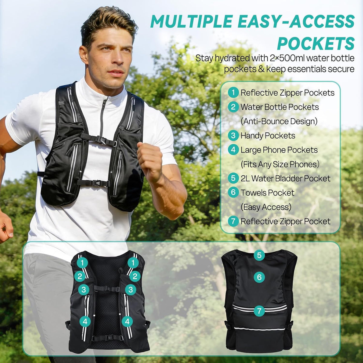 🏃‍♂️ Vestă Hidratantă Trail Running Nextyu, Unisex, Ultra‑Ușoară, 11 Buzunare, 2 Soft Flask 500 ml, Reflectorizantă, Ajustabilă