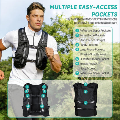 🏃‍♂️ Vestă Hidratantă Trail Running Nextyu, Unisex, Ultra‑Ușoară, 11 Buzunare, 2 Soft Flask 500 ml, Reflectorizantă, Ajustabilă