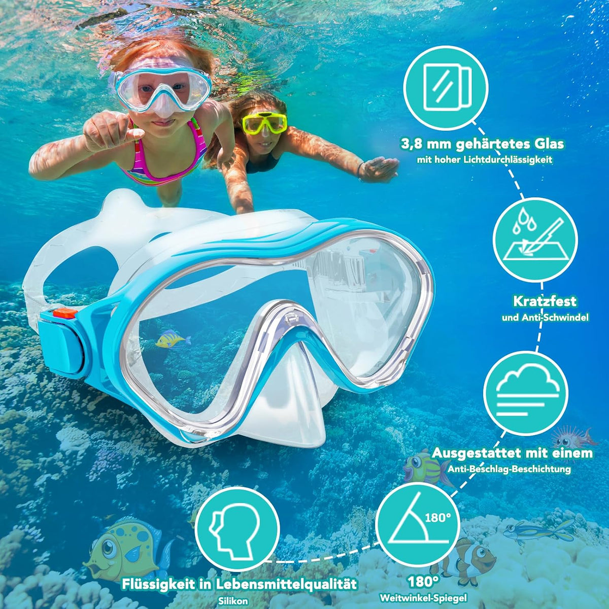 🐠 Set Snorkeling Copii HH HHAO SPORT, Anti‑Leak, Dry‑Top, Masca Tempered Glass, Labe Ajustabile, Albastru
