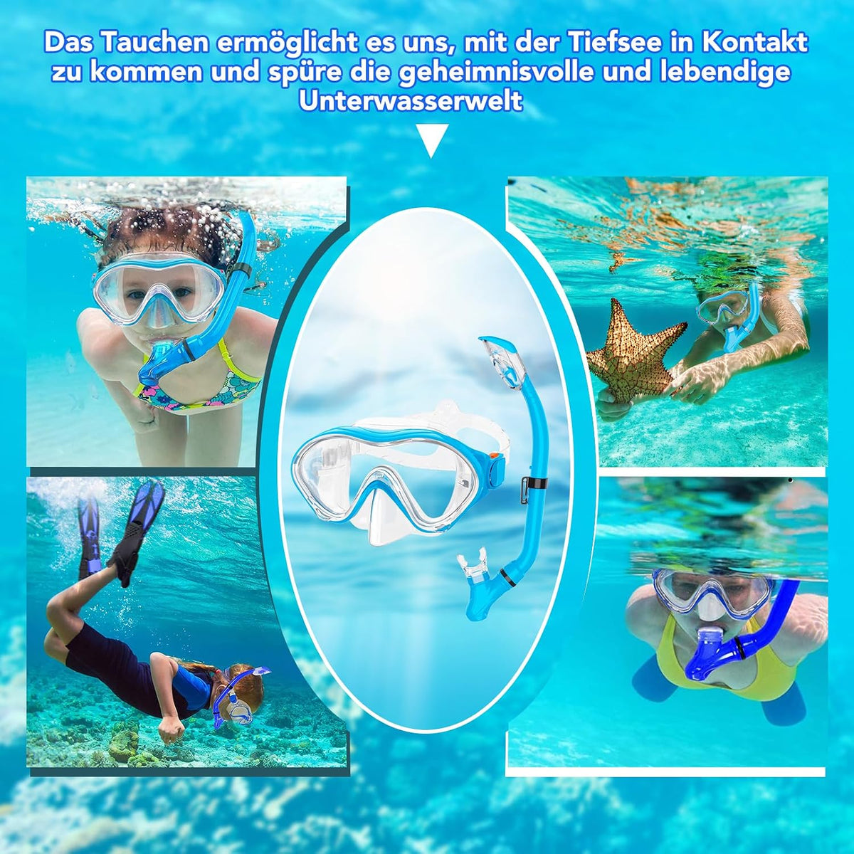 🐠 Set Snorkeling Copii HH HHAO SPORT, Anti‑Leak, Dry‑Top, Masca Tempered Glass, Labe Ajustabile, Albastru