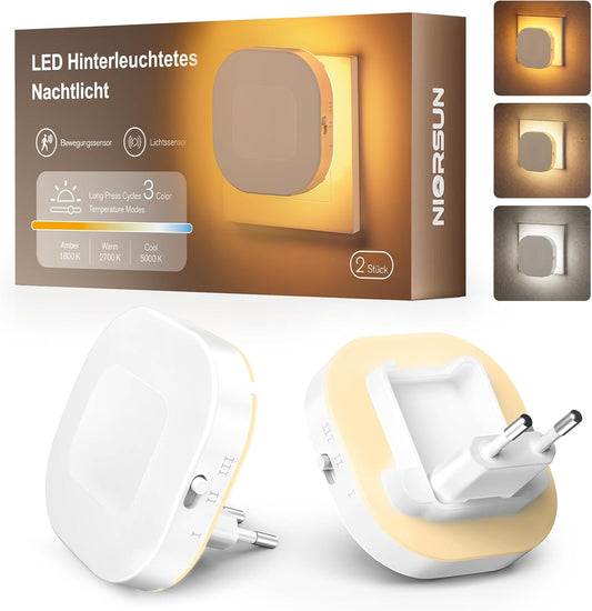 🌙 NIORSUN Night Light Socket, 2 bucăți, Senzor Mișcare + Senzor Crepuscular, 3 Culori LED, Dimmable, Backlit, 1800K–5000K
