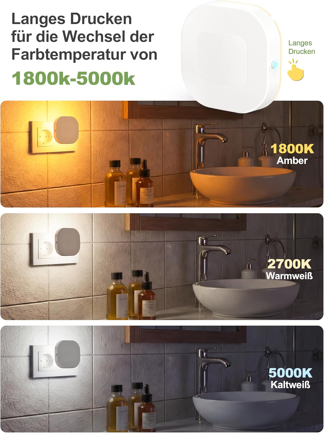 🌙 NIORSUN Night Light Socket, 2 bucăți, Senzor Mișcare + Senzor Crepuscular, 3 Culori LED, Dimmable, Backlit, 1800K–5000K