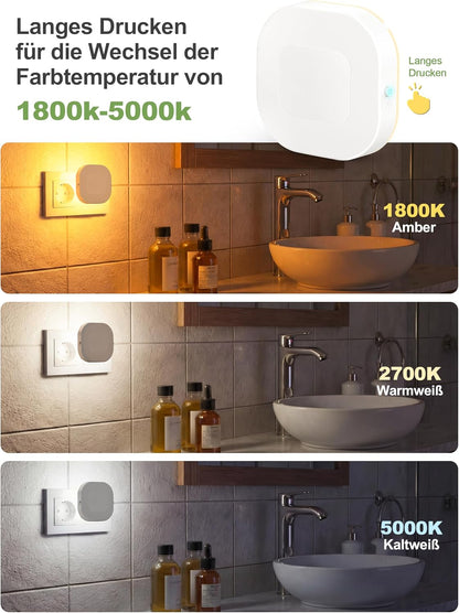 🌙 NIORSUN Night Light Socket, 2 bucăți, Senzor Mișcare + Senzor Crepuscular, 3 Culori LED, Dimmable, Backlit, 1800K–5000K