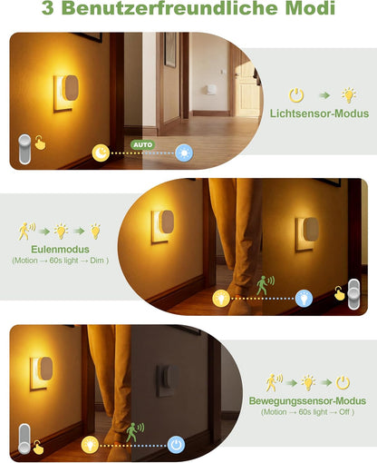 🌙 NIORSUN Night Light Socket, 2 bucăți, Senzor Mișcare + Senzor Crepuscular, 3 Culori LED, Dimmable, Backlit, 1800K–5000K