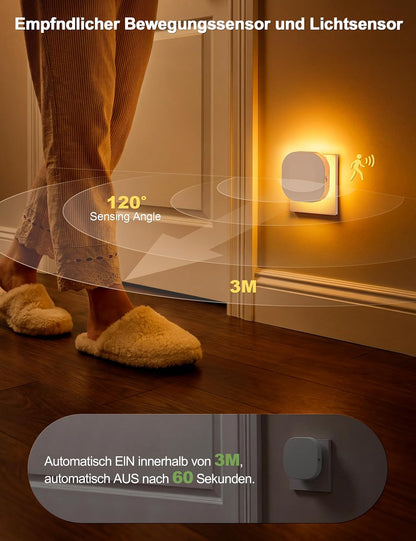 🌙 NIORSUN Night Light Socket, 2 bucăți, Senzor Mișcare + Senzor Crepuscular, 3 Culori LED, Dimmable, Backlit, 1800K–5000K