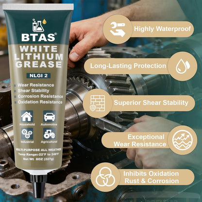 🔧 BTAS White Lithium Grease NLGI 2, 8 oz, Lubrifiant Multi‑Funcțional, Anti‑Rugină, Rezistent la Apă, Aderență Puternică, Auto / Industrial / Agricultură