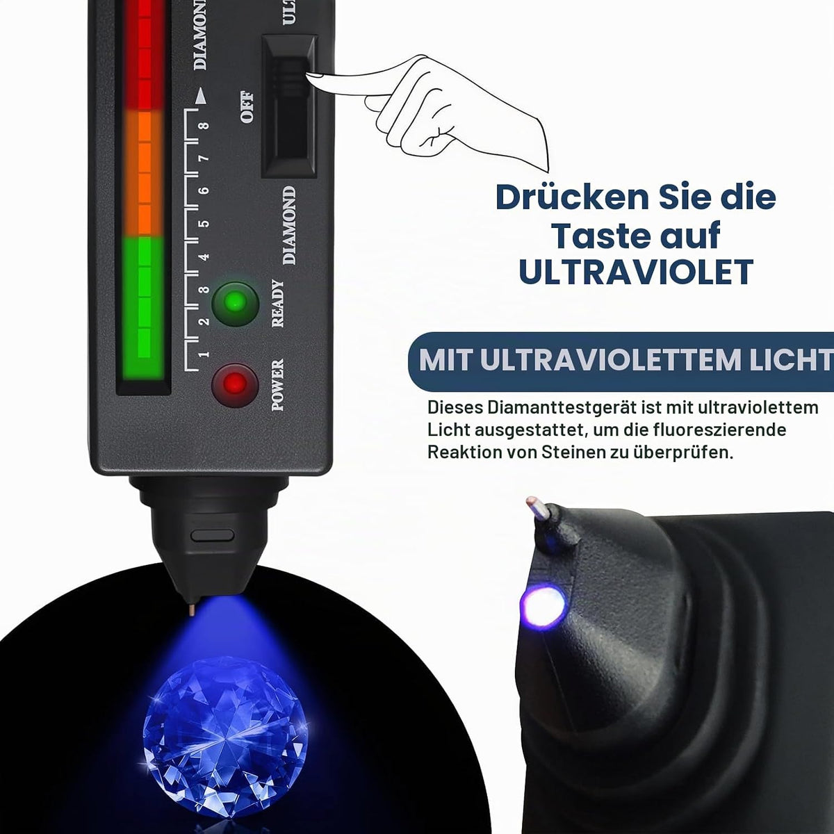 💎 AURIVEE Diamond Tester Pen, Tester Profesional pentru Diamante, Senzor Conductivitate Termică, LED & Buzzer, Detectare Rapidă 0.5s