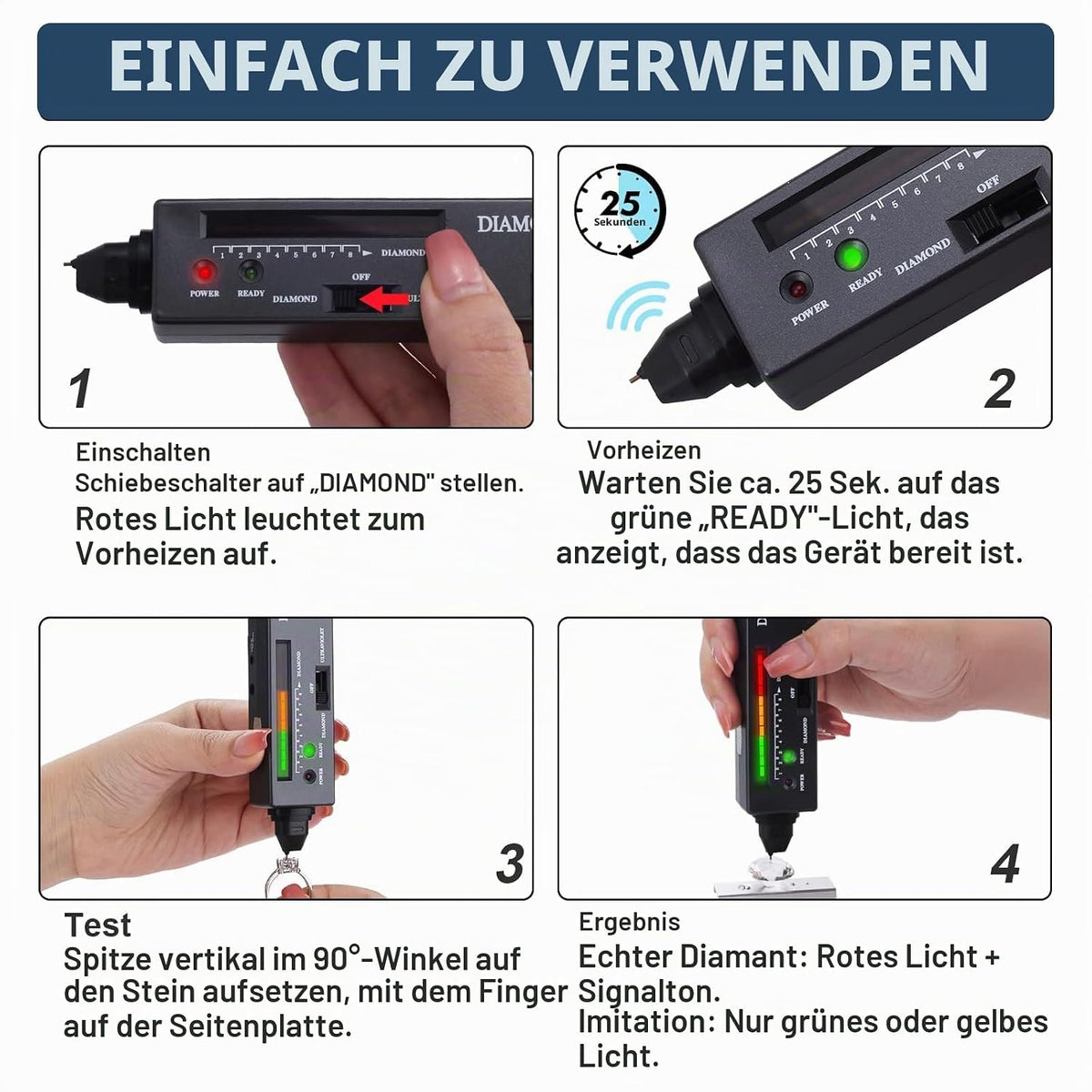 💎 AURIVEE Diamond Tester Pen, Tester Profesional pentru Diamante, Senzor Conductivitate Termică, LED & Buzzer, Detectare Rapidă 0.5s