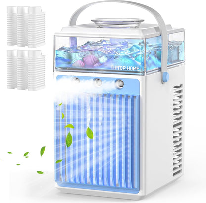 ❄️ Mini Aer Condiționat Portabil 5‑în‑1, Rezervor 800 ml, 3 Viteze, 3 Moduri de Brumizare, Control prin APP, 6 Cuburi de Gheață, USB‑C
