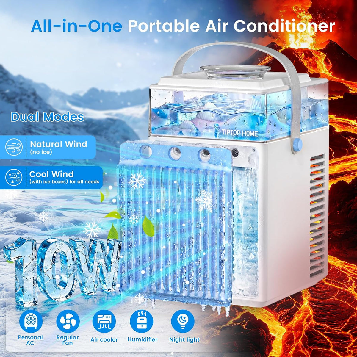 ❄️ Mini Aer Condiționat Portabil 5‑în‑1, Rezervor 800 ml, 3 Viteze, 3 Moduri de Brumizare, Control prin APP, 6 Cuburi de Gheață, USB‑C