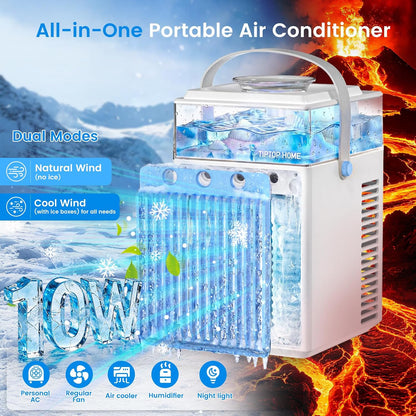 ❄️ Mini Aer Condiționat Portabil 5‑în‑1, Rezervor 800 ml, 3 Viteze, 3 Moduri de Brumizare, Control prin APP, 6 Cuburi de Gheață, USB‑C