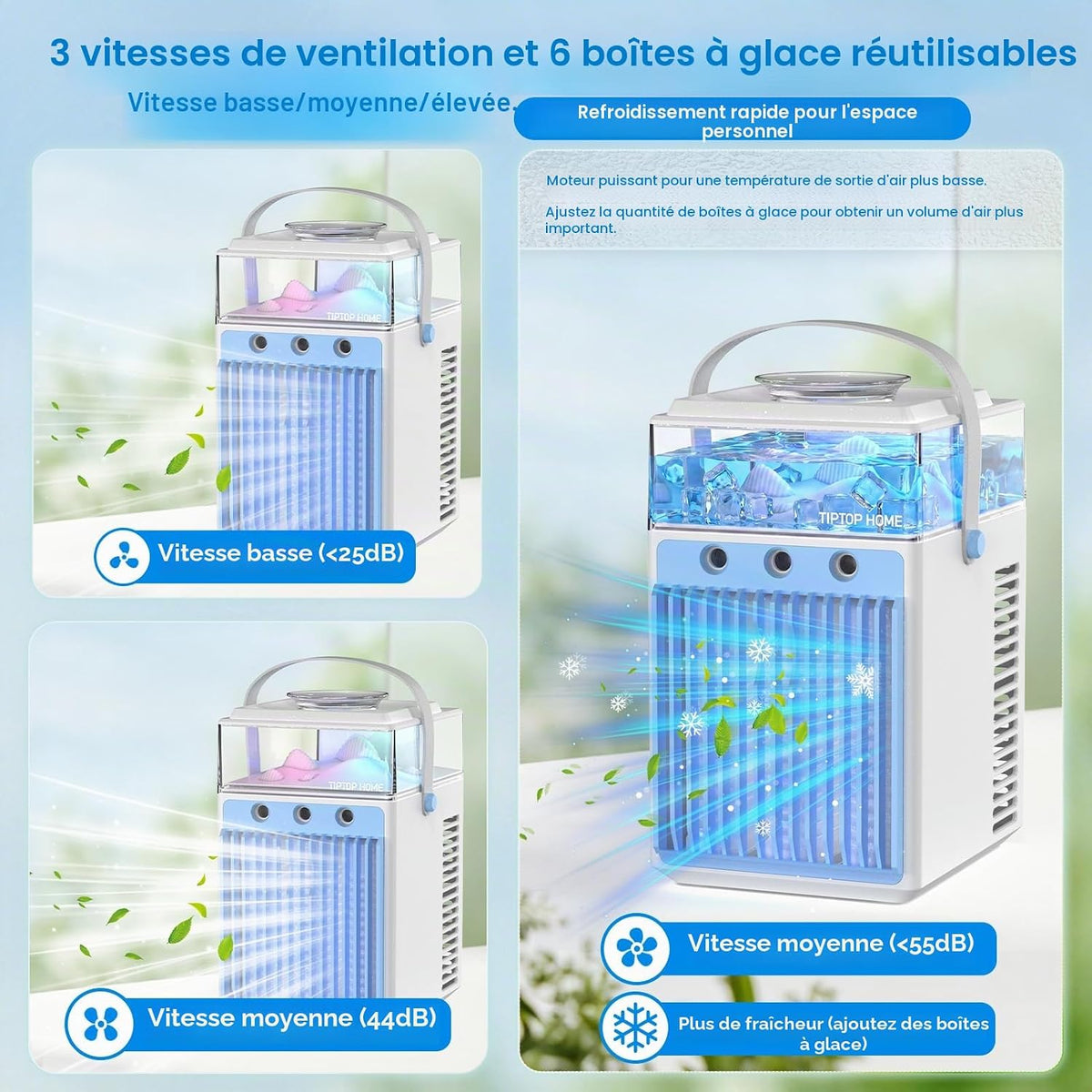❄️ Mini Aer Condiționat Portabil 5‑în‑1, Rezervor 800 ml, 3 Viteze, 3 Moduri de Brumizare, Control prin APP, 6 Cuburi de Gheață, USB‑C