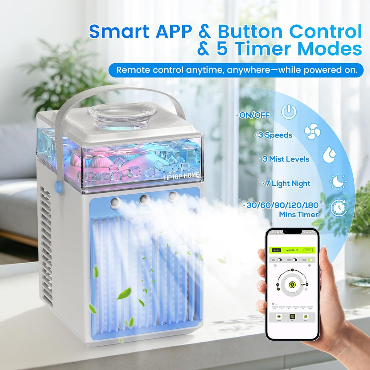 ❄️ Mini Aer Condiționat Portabil 5‑în‑1, Rezervor 800 ml, 3 Viteze, 3 Moduri de Brumizare, Control prin APP, 6 Cuburi de Gheață, USB‑C