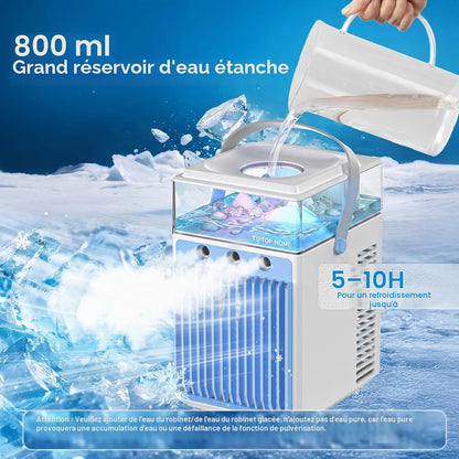 ❄️ Mini Aer Condiționat Portabil 5‑în‑1, Rezervor 800 ml, 3 Viteze, 3 Moduri de Brumizare, Control prin APP, 6 Cuburi de Gheață, USB‑C