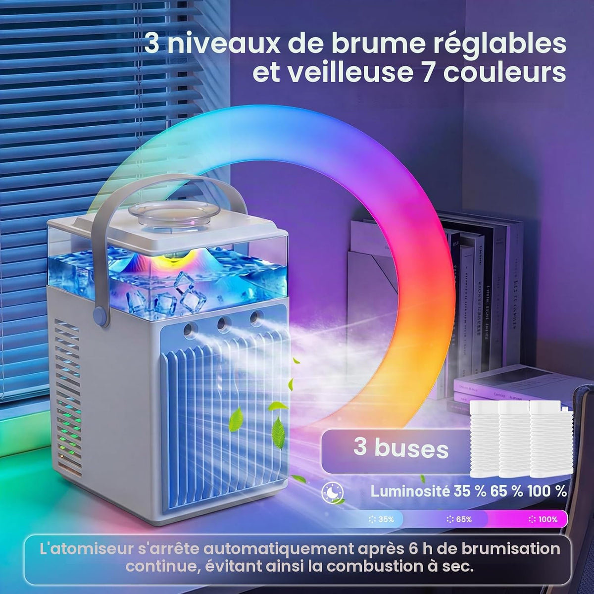 ❄️ Mini Aer Condiționat Portabil 5‑în‑1, Rezervor 800 ml, 3 Viteze, 3 Moduri de Brumizare, Control prin APP, 6 Cuburi de Gheață, USB‑C