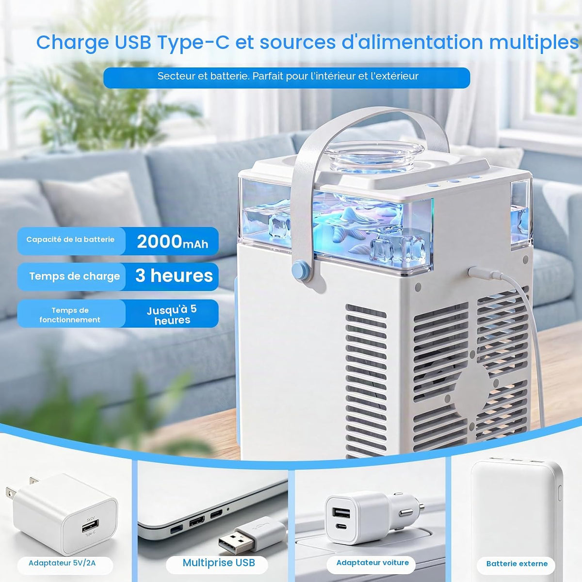 ❄️ Mini Aer Condiționat Portabil 5‑în‑1, Rezervor 800 ml, 3 Viteze, 3 Moduri de Brumizare, Control prin APP, 6 Cuburi de Gheață, USB‑C