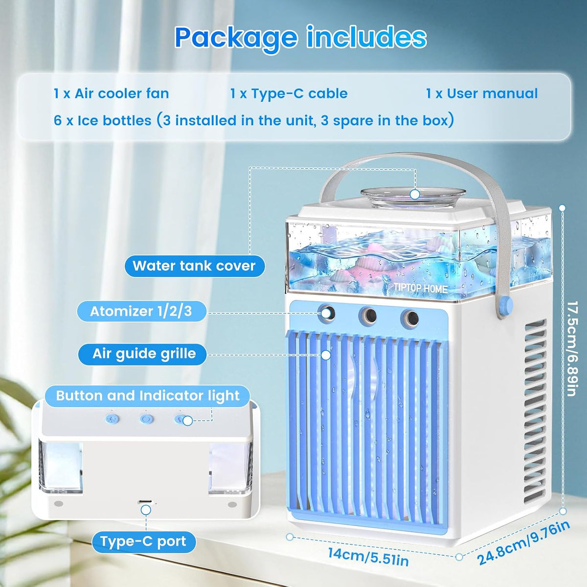 ❄️ Mini Aer Condiționat Portabil 5‑în‑1, Rezervor 800 ml, 3 Viteze, 3 Moduri de Brumizare, Control prin APP, 6 Cuburi de Gheață, USB‑C