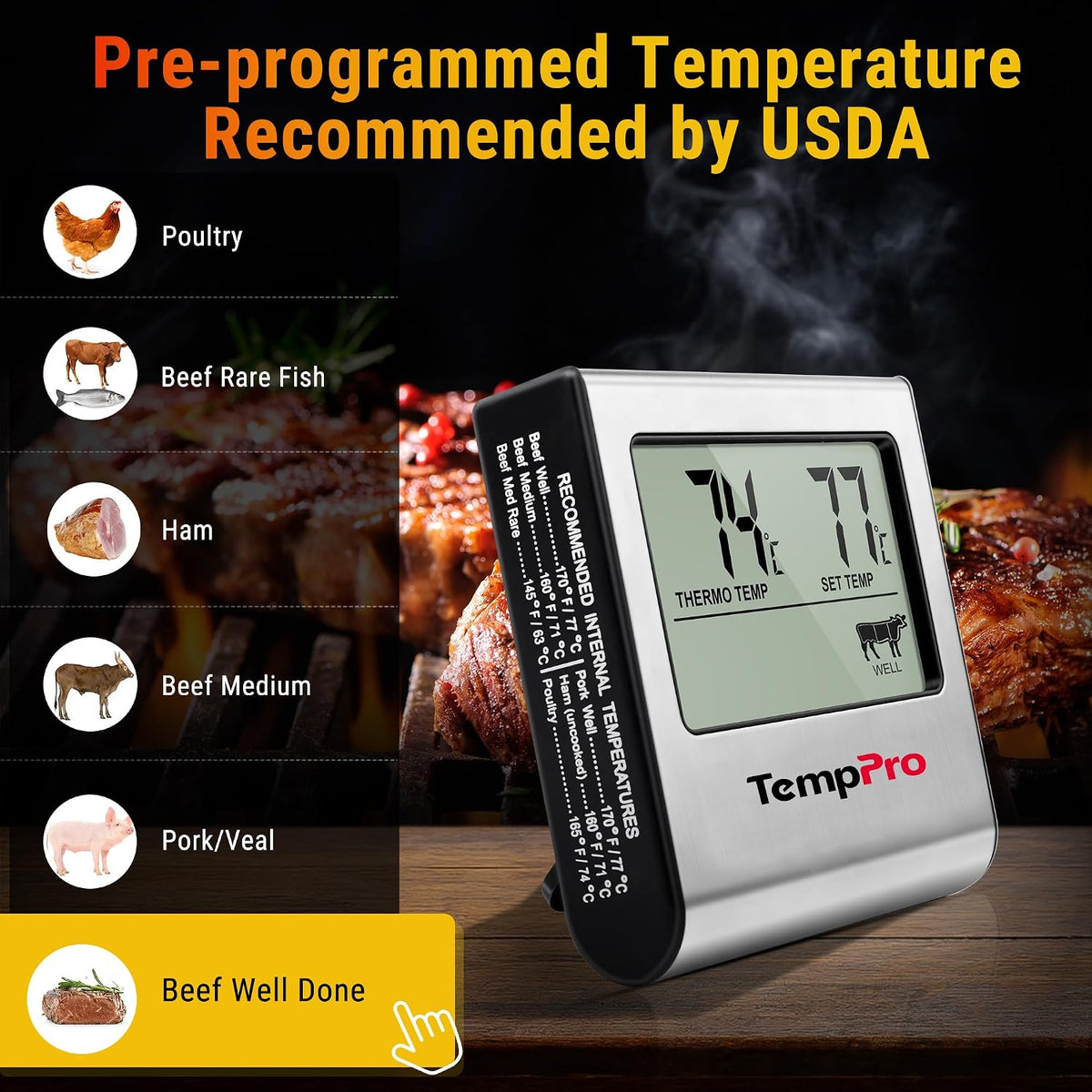 🍖 Termometru Digital pentru Carne TempPro TP16, Sondă Inox, Timer, Alarmă, Acuratețe ±1°C, 0–300°C