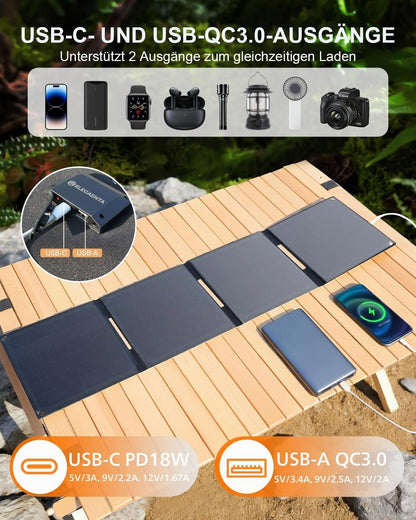 ☀️ Panou Solar Portabil ELECAENTA 30W, HPBC + ETFE, USB‑C PD20W, USB‑A QC3.0, IP68, Ultra‑Ușor 0.5 kg