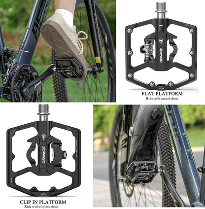 🚴‍♂️ Pedale Bicicletă Dual‑Function GEWAGE, Platformă Lată + SPD, Aluminiu CNC, 3 Rulmenți, Pins Anti‑Slip, Cleats Incluse