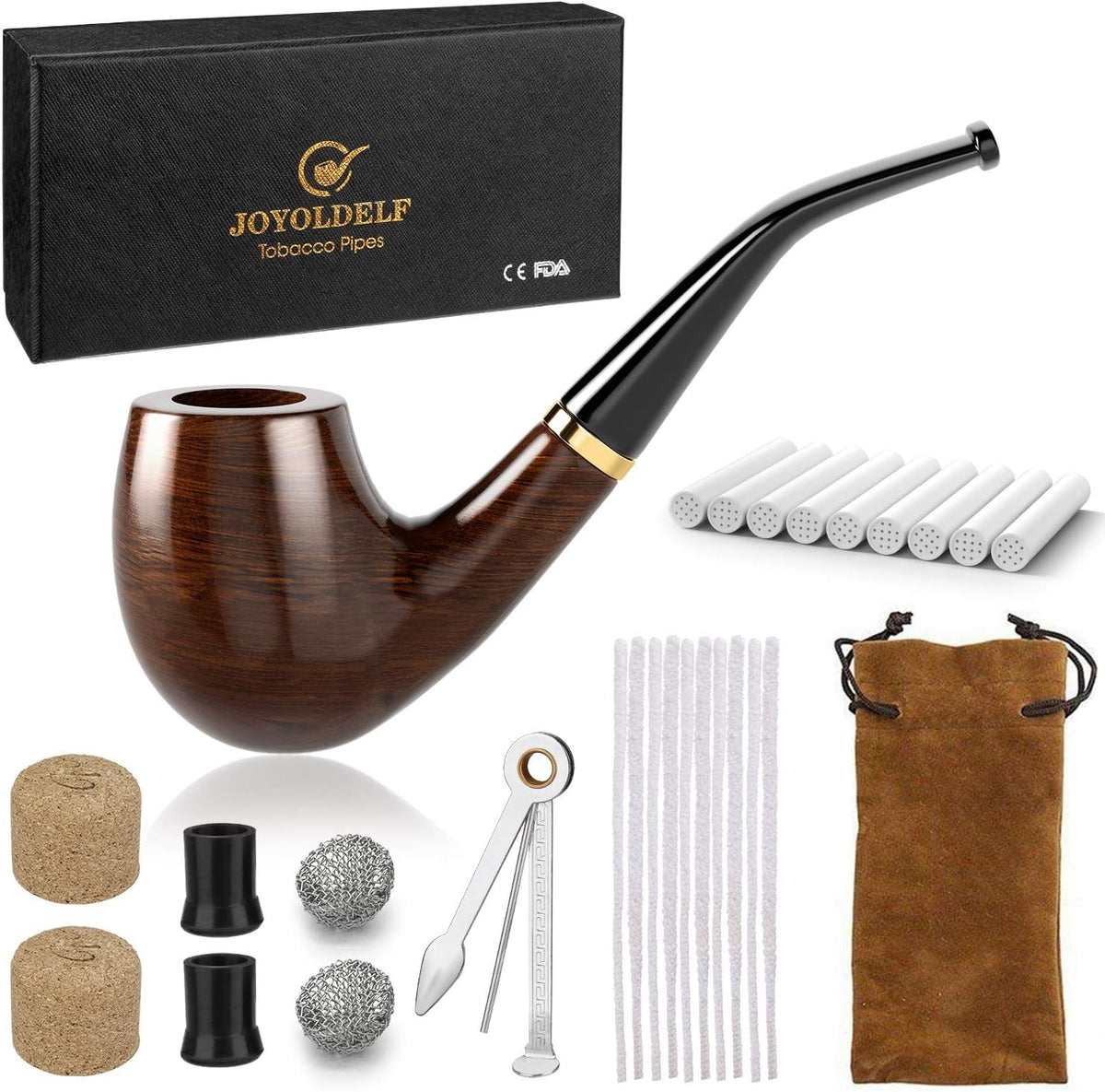 🚬 Set Pipa Tutun DIMJ din Lemn de Păr, Design Curbat Ebony, Accesorii Incluse, Cutie Cadou