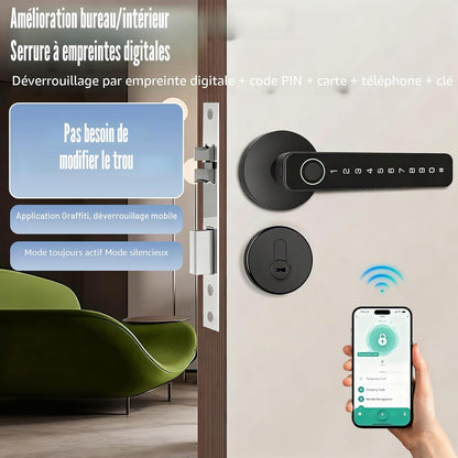 Smart Door Lock 5‑în‑1 cu Amprentă, Cod, Card IC, Cheie, Control Tuya | Aluminiu, 50 Amprente, 50 Coduri, Alertă Baterie, Type‑C