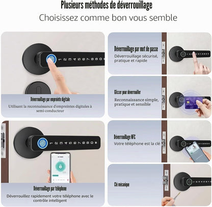 Smart Door Lock 5‑în‑1 cu Amprentă, Cod, Card IC, Cheie, Control Tuya | Aluminiu, 50 Amprente, 50 Coduri, Alertă Baterie, Type‑C