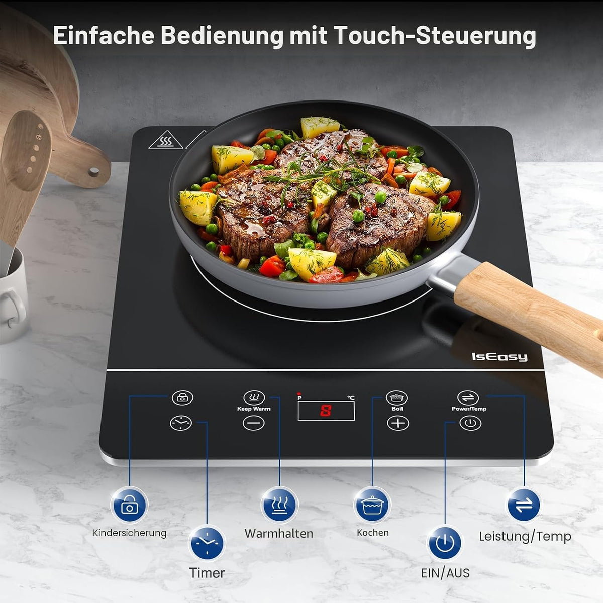 🍳 Plită Inducție Portabilă IsEasy, 2100 W, 9 Puteri, 9 Temperatură, Timer 8h, Child Lock, 28 cm, Negru