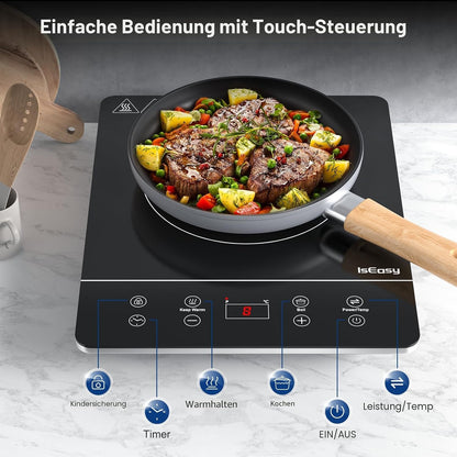 🍳 Plită Inducție Portabilă IsEasy, 2100 W, 9 Puteri, 9 Temperatură, Timer 8h, Child Lock, 28 cm, Negru
